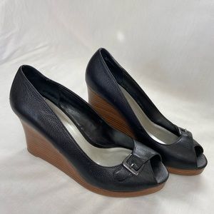 Ann Taylor Loft Wood Wedge black upper platform peep toe heel 3 1/2 inch heel